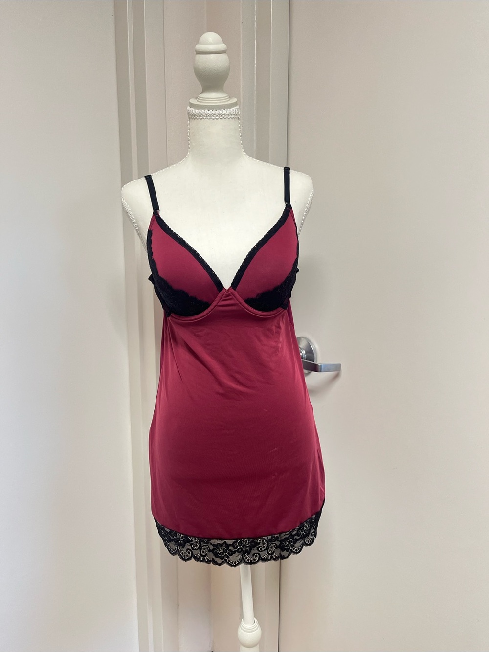 Y2K| Lace-Trim Chemise - Burgundy with Black Trim